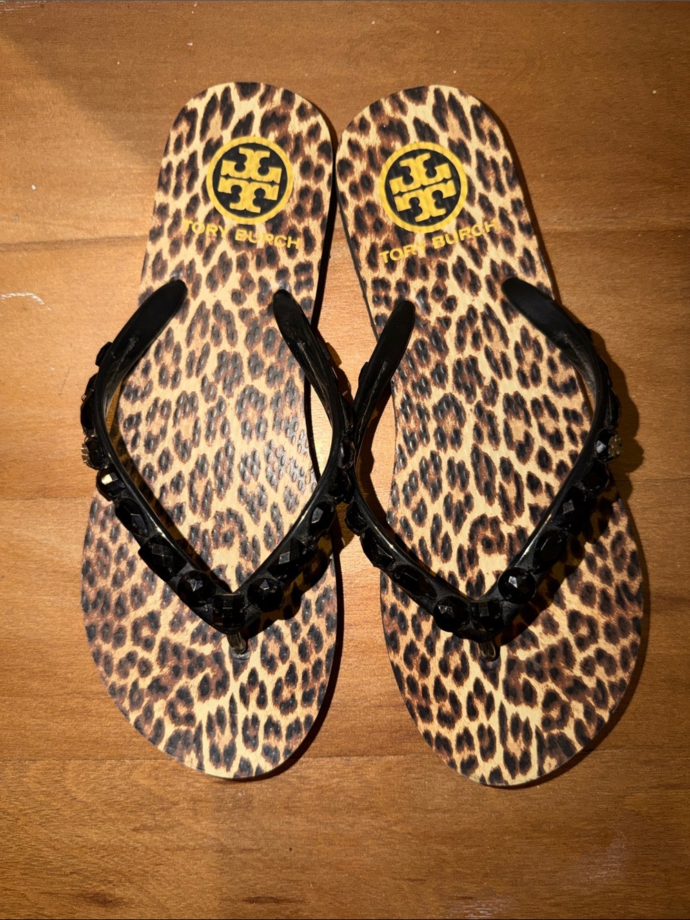 Tory Burch Leopard Print Flip Flops with Black Jeweled Straps